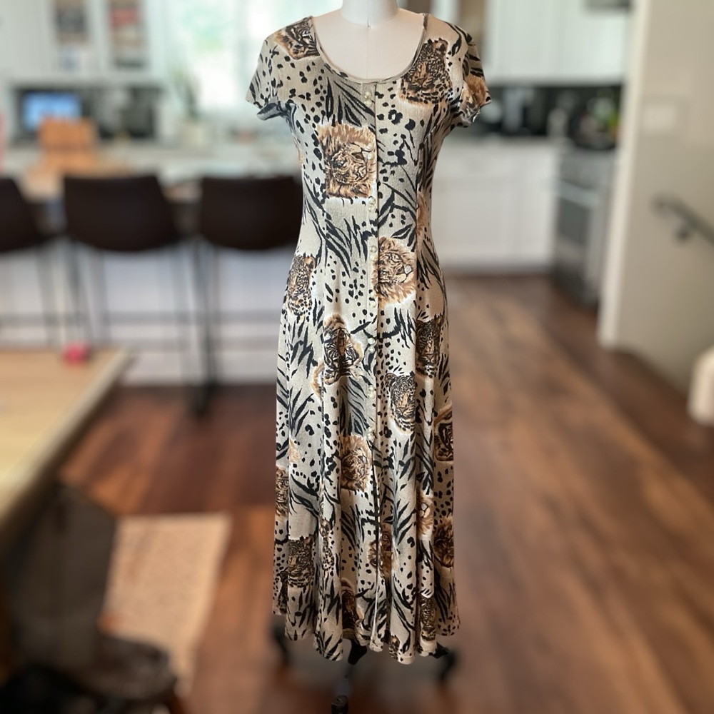 Vintage 90s Ribbed Safari Dress Lion And Tiger Print Button Down Medium